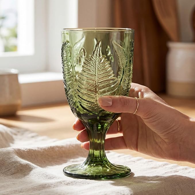 Green Glass Goblets Set of 4, Colored Wine Glasses, Vintage Fern Glassware | Hand-Pressed, Dishwasher Safe, Boho Leaf-Textured Drinkware, Embossed Stemware for Water, Cocktails, Retro Style Kitchen Gift