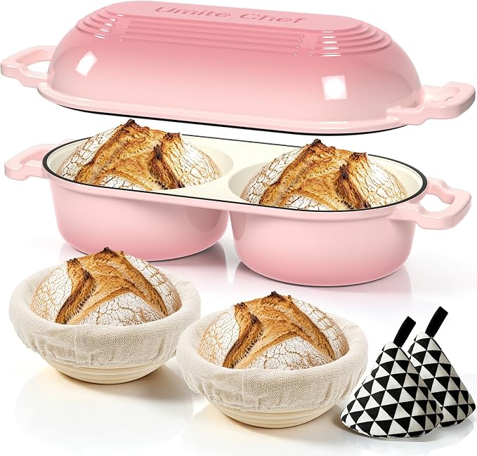 Umite Chef Dutch Oven for Sourdough Bread Baking – Enamelled Cast Iron Bread Loaf Pot – 500°F Oven Safe– Double Round Loaf Space, 16.5“ Diameter, 5" Banneton Proofing Baskets & Cotton Potholders(Pink)
