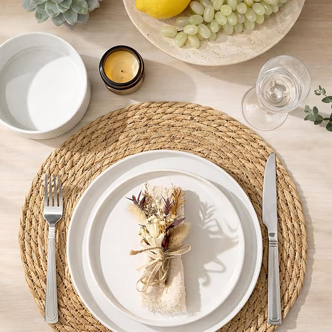GBHOME Stoneware Dinnerware Sets for 4, 12 Pieces Plates and Bowls Set | Lightweight Ceramic Ribbed Dishes, Reactive Glaze Stackable Plate Set, Scratch Resistant, Microwave & Dishwasher Safe,White