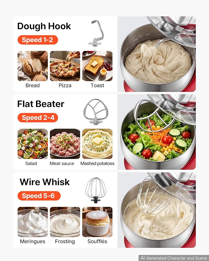 VEVOR 7.4 Qt Tilt Head Stand Mixer 500W Electric Dough Mixer, 6 Speeds with Pulse Food Kitchen Mixer with Stainless Steel Bowl, Splash Guard, Dough Hook, Whisk, Beater, for Baking Mixing