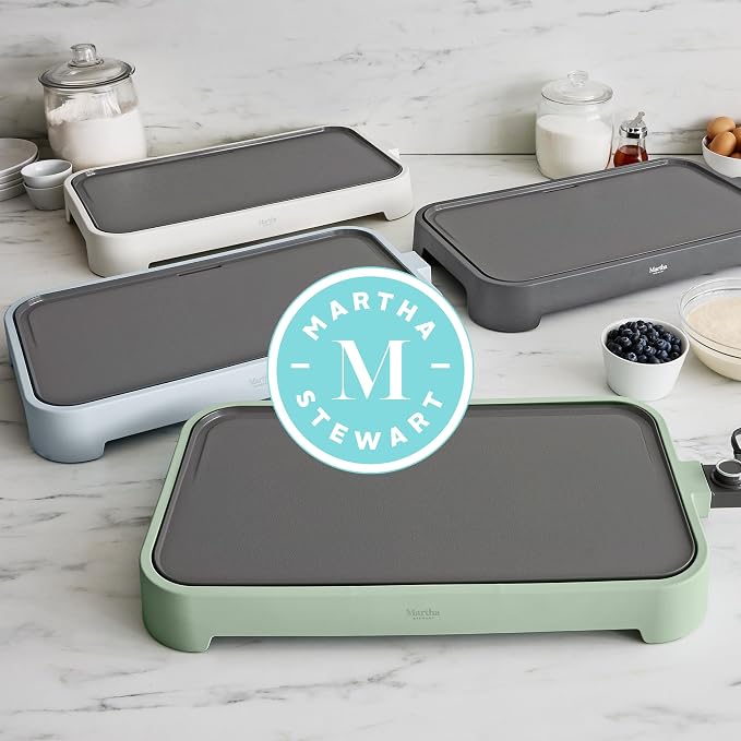 Martha Stewart 12"x 22" XL Electric Griddle, Ceramic Nonstick Flat Top | PFAS-Free Nonstick Grill, XL Cooking Surface for Pancakes & Eggs, Adjustable Temp Dial, Drip Tray, 1500W Heating, Caviar Gray