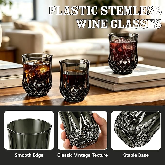 24 Pack 12 Oz Plastic Stemless Wine Glasses, Black | Unbreakable, Reusable, Elegant Vintage Design, Fancy Cocktail Cups, Whiskey, Champagne, Wedding, Party, Bars, Holiday Events