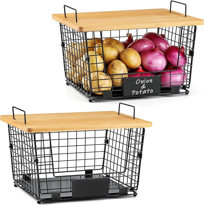 2 Set XXL Stackable Wire Basket with Bamboo Tops & Tag- Pantry Organizer and Storage Bins, Kitchen Counter Cabinet Shelf Countertop Under Sink Organizing, Food Snack Produce Onion Potato Bread Storage