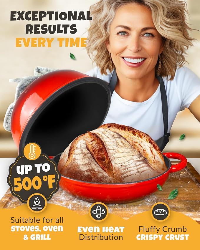 5 QT Cast Iron Bread Pan with Dome Lid for Artisan Bread Baking | Dome Lid Traps Steam for Crisp Crust, Bread Proofing Basket, Scoring Tool, Dough Whisk, Bread Sling & Instructions Included