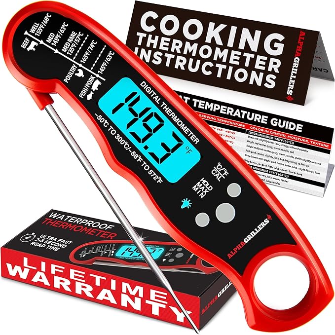 Alpha Grillers Instant Read Meat Thermometer Digital, Cooking, Food, Grill | 1-2 Second Ultra-Fast Response Time, Bright Backlit Display, Waterproof (IP67), Pre-Calibrated & Ready to Use