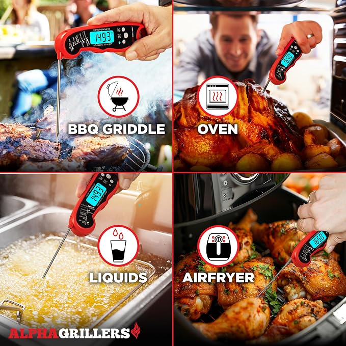 Alpha Grillers Instant Read Meat Thermometer Digital, Cooking, Food, Grill | 1-2 Second Ultra-Fast Response Time, Bright Backlit Display, Waterproof (IP67), Pre-Calibrated & Ready to Use