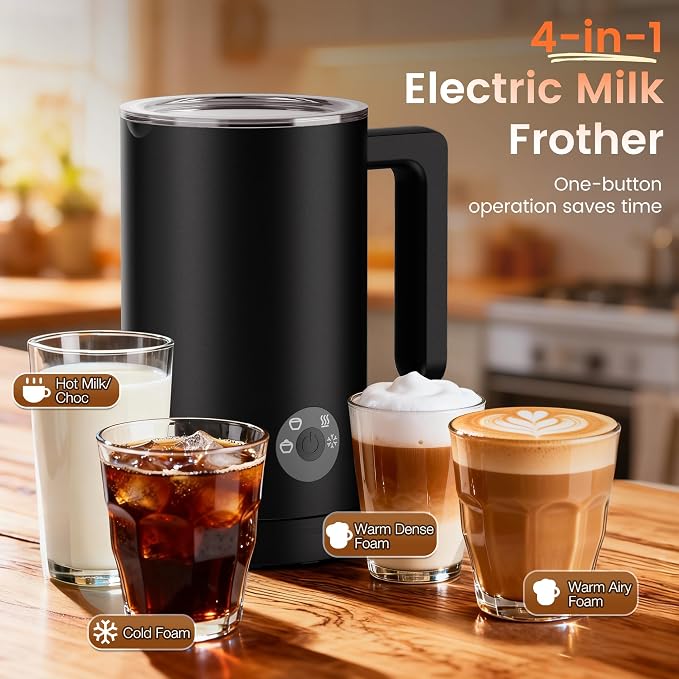 4-in-1 Electric Milk Frother & Steamer – Automatic Frother Machine, Barista-Style Hot & Cold Foam for Lattes, Cappuccinos, Iced Coffee, Quiet, One-Touch, Easy to Clean