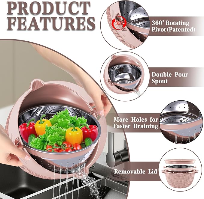 4-1 Strainer Bowl with Lid Set - Strainers and Colanders, Colander for Kitchen, Pasta Strainer, Fruit Cleaner, Veggie Wash, Funny Kitchen Present, Fruit Washing Bowl, Cooking Present for Women - Pink