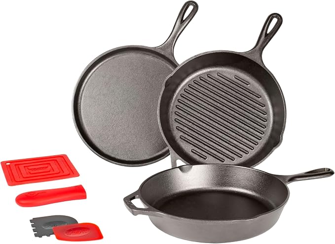 Lodge Cast Iron Set - 7-Piece Set - Pre-Seasoned Kitchen Essentials Set - Skillet, Griddle & Dutch Oven Included - PFAS-Free Non-Toxic Cookware