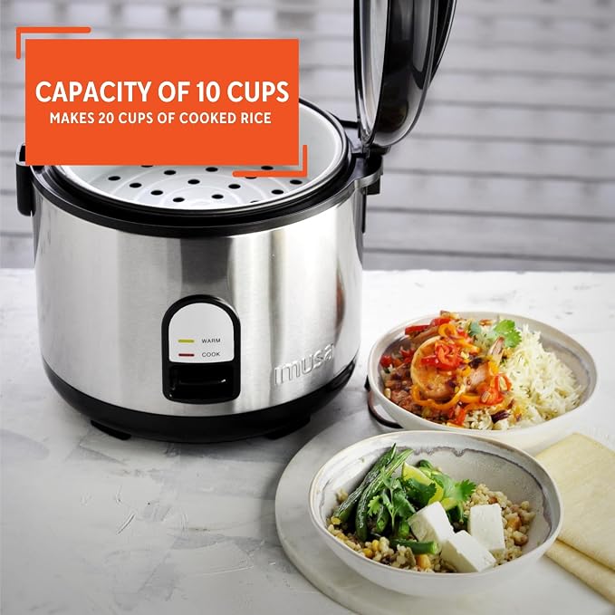 IMUSA 10 Cup Deluxe Stainless Steel Electric Rice Cooker with Steam Tray | Mirror-Polished Finish, Steam Tray Nonstick Pot, Ideal for Rice and Grains, Great for Large Family Dinners