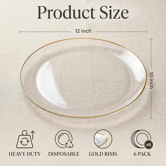 6-Pack Clear and Gold Plastic Serving Trays - 10x12 Inch Heavy Duty Oval Disposable Serving Platters for Cookie/Appetizer/Snack Party Food Display - Clear Gold Serving Trays for Party/Wedding/BBQ