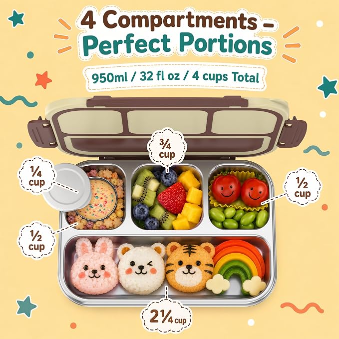 Stainless Steel Bento Lunch Box for Kids Adult, Metal Lunch Box Containers for Boys Girls School, 4 Compartment Leak Proof Lunch Containers with Sauce Cup, Fork and Spoon & Fruit Picks, Brown