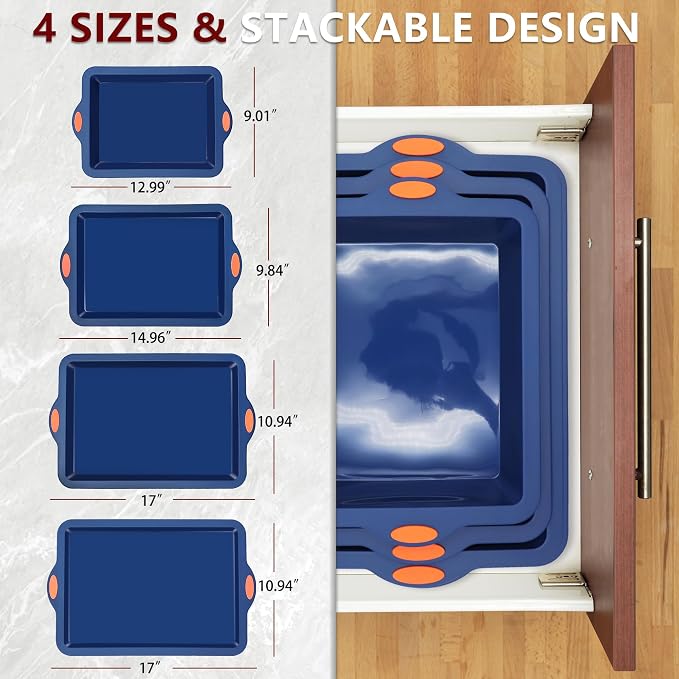 Silicone Baking Pans Set, 4 Pieces Nonstick Bakeware Set with Baking Pans, Baking Sheets, Cookie Sheets, Cake Pan with Grips and Metal Reinforced Frame More Strength, Navy Blue