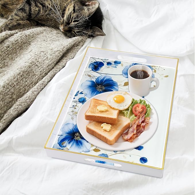 Serving Tray with Handles, 15.7 * 11.8 inches, Plastic Ottoman Tray with Exquisite Paintings, Trays for Coffee Table