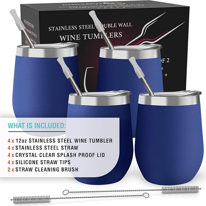 CHILLOUT LIFE 12 oz Stainless Steel Wine Tumblers 4 Pack - Double Wall Vacuum Insulated Wine Cups with Lids and Straws Set for Coffee, Wine, Cocktails - Powder Coated Navy Blue