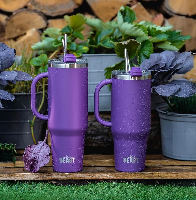 Beast 42 oz Tumbler with Handle Stainless Steel Vacuum Insulated Coffee Ice Cup Double Wall Travel Flask (Deep Purple)