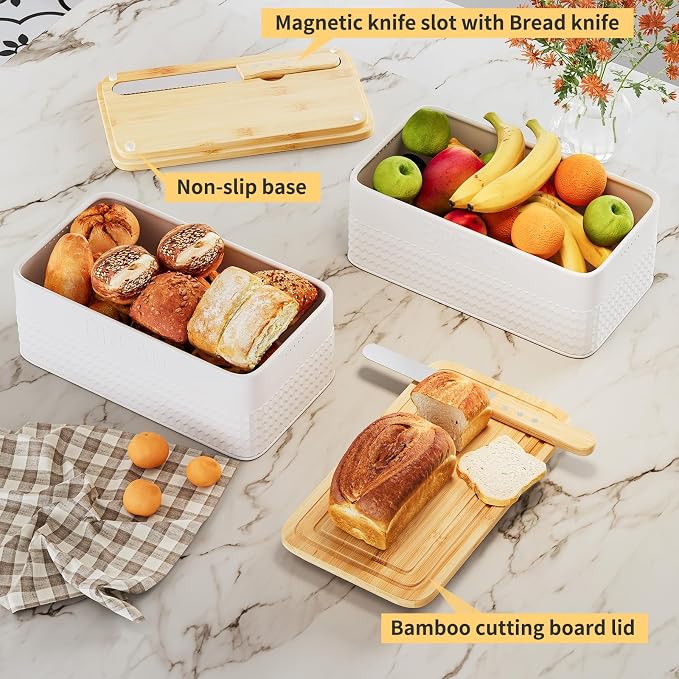 Bread Box for Kitchen Countertop,Metal Bread Storage Bin with Bamboo Cutting Board Lid, Includes Bread Knife, Fits Sourdough & Buns, Stylish Organize (White)