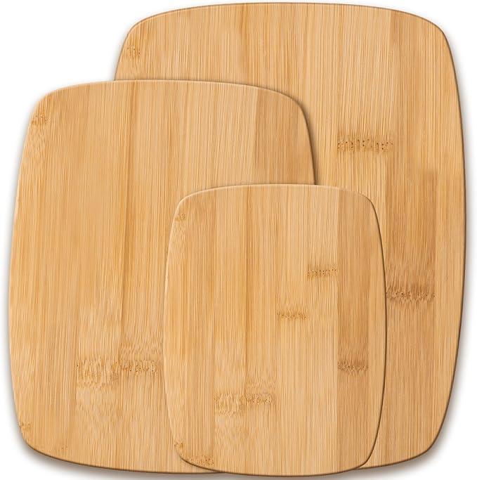 Bamboo Cutting Board Set for Kitchen - 3 Piece Reversible Wooden Cutting Boards, Wood Chopping Boards for Meat, Bread, Fruit, Cheese, Meal Prep, Wood Board and Charcuterie Serving Boards by Bambusi