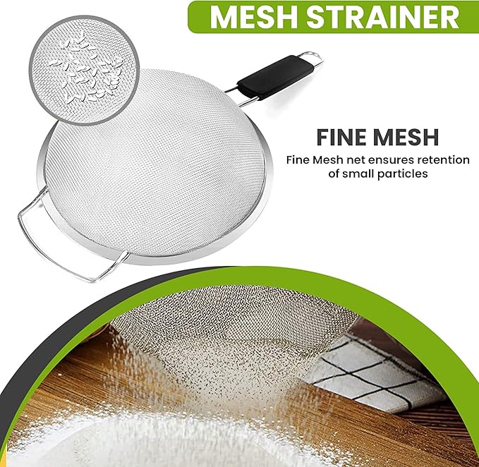9" Large Fine Mesh Strainer with Thermo Plastic Rubber Handle - Sieve Fine Mesh Stainless Steel - Ideal Kitchen Essential to Strain Pasta, Quinoa and Rice