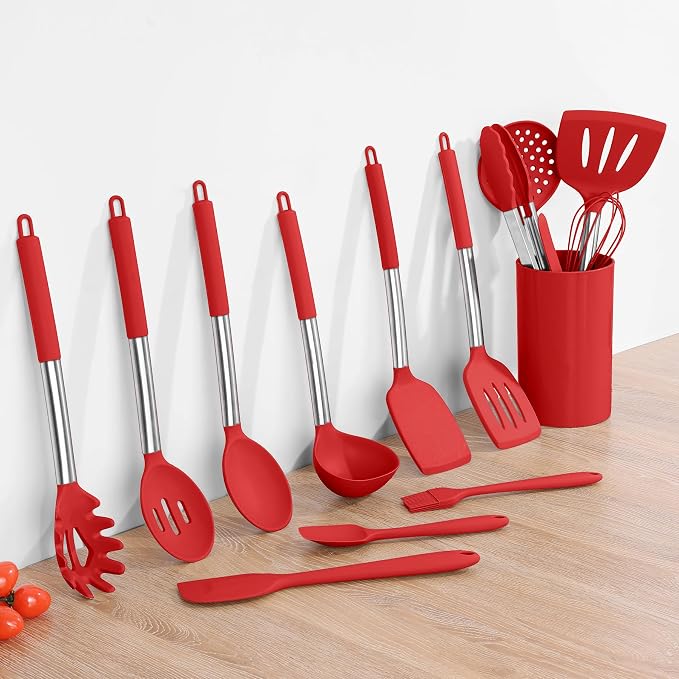 Onader 15 Pcs Silicone Cooking Utensils Set, Red Kitchen Utensils Spatula Set with Holder, Large Kitchen Gadgets Tools for Nonstick Cookware