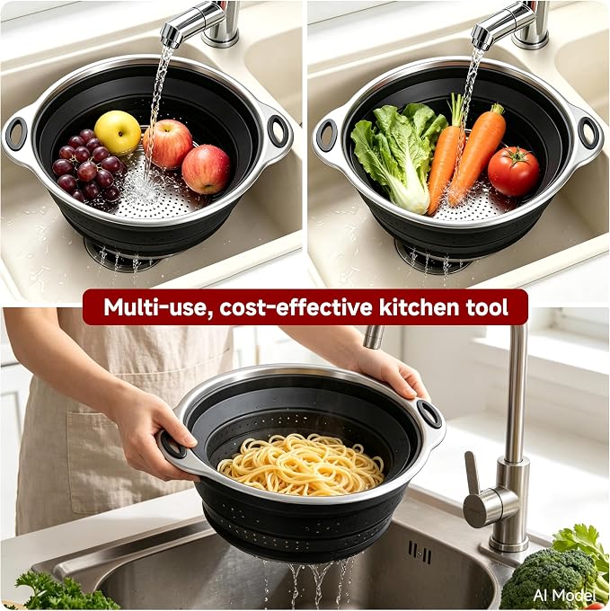 Mejoncb Collapsible Colander – Platinum Silicone Strainer with Stainless Steel Base, BPA-Free & Heat Resistant Kitchen Drain Basket (Black)