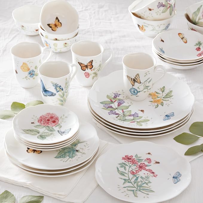 Lenox Butterfly Meadow Porcelain 28-Piece Dinnerware Set for 4 | ceramic, dishwasher safe, microwave safe | plates and bowls sets for kitchen and dining | 11 inch plate
