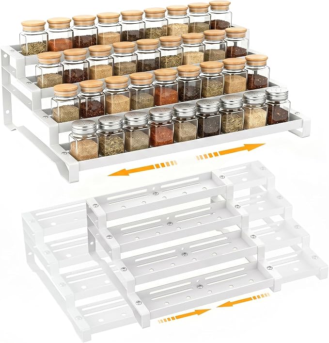 Spice Rack Organizer for Cabinet, 13-21.5" Expandable Spicy Shelf | 11.6" Depth 4-Tier White Metal Seasoning Organizer, Kitchen Spice Organization, Slip-Resistant Guardrails for Jars and Cans