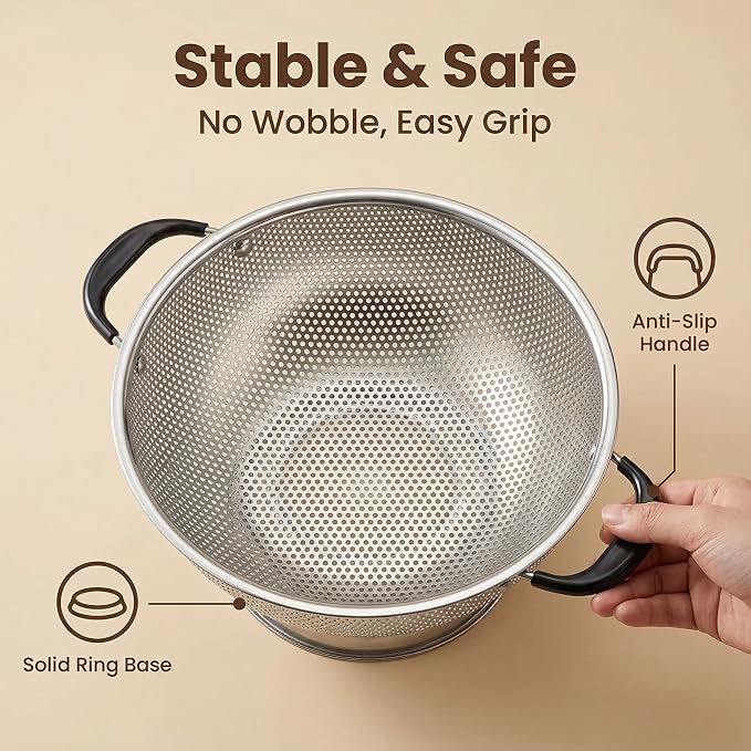 304 Stainless Steel Colander, 3 Quart Micro-Perforated Strainer with Heavy Duty Plastic Handles - Fast Draining Metal Basket for Rinsing Rice, Washing Vegetables, Draining Pasta - Dishwasher Safe