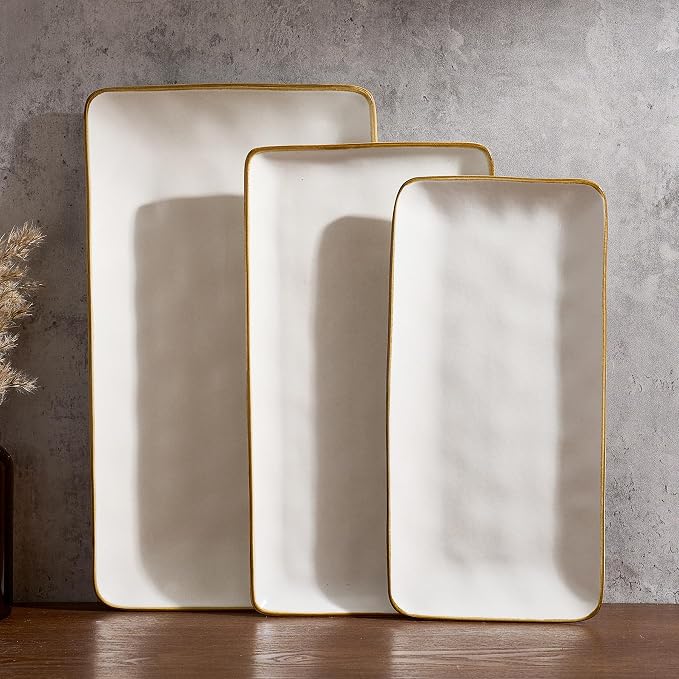 Famiware Serving Platters Set of 3 Sizes - Rectangular, Matte White | 15.67"/14.1"/12.6" Fine Stoneware Serving Trays for Party, Entertaining for Food, Turkey, Cheese, Microwave Dishwasher Safe