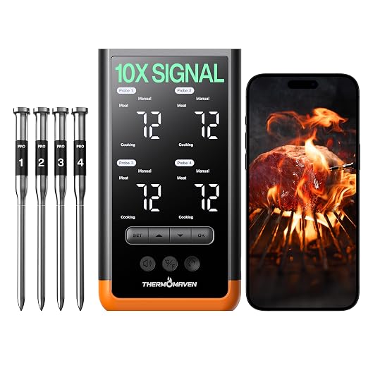 ThermoMaven Sub-1G Wireless Meat Thermometer, 4 Probes WiFi Thermometer | 3000FT Open Range, Smart App + Base Control, 6 Sensor NIST ±0.5°F Accuracy, BBQ Smoker Grill Oven, Brisket Steak Turkey Pork