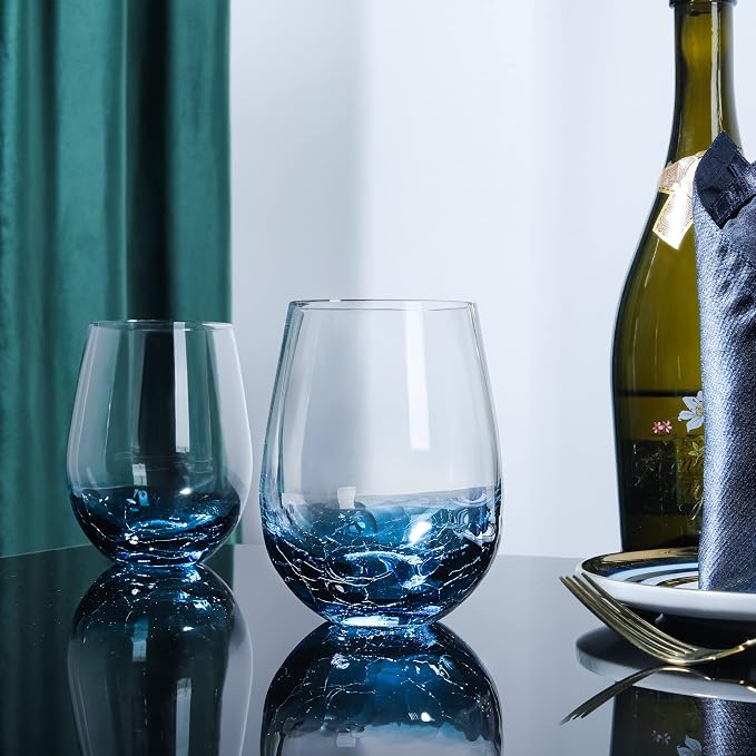 Joeyan Handmade Blue Stemless Crackle Wine Glasses Cups,Large Crystal Red Wine Tumblers,Aesthetics Glassware Collection, Home Gift,Set of 2,19 oz