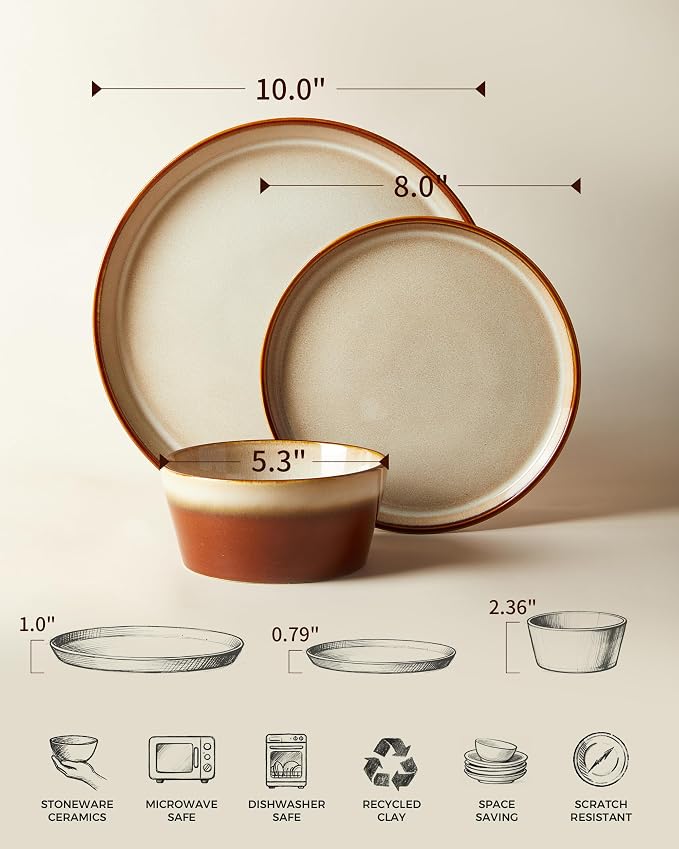Dinnerware Set for 8, Ceramic Dish Sets, Plate and Bowl Set, Microwave & Dishwasher Safe Dishware Set, Chip & Scratch Resistant Dinner Set, One-of-a-Kind Design, Amber Brown