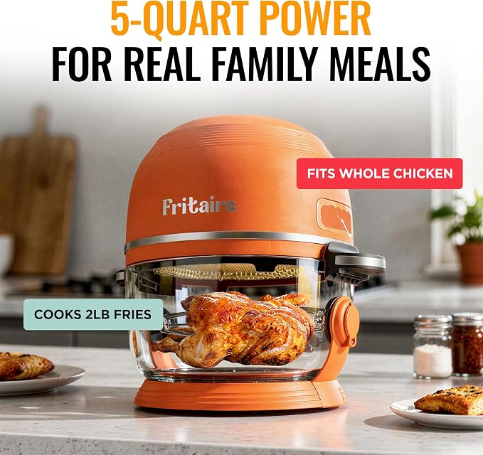 Non Toxic Air Fryer™ Pro | 9-in-1 Glass Air Fryer | Self-Cleaning | 5 Quart | Rotisserie and Tumbler | 400F Vortex For Even Cooking, BPA-Free Teflon Free, Recrisp, Roast, Bake, Orange