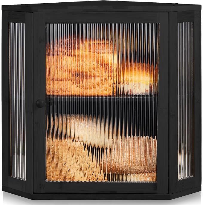 BRONYPRO Corner Bread Box for Kitchen Countertop, Double Layer Bamboo Breadbox with Adjustable Partition, Modern Bread Storage Organizer (Extra Large Black)