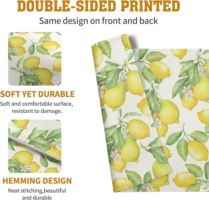 Lemon Placemats Set of 4 Summer Yellow Fruit Green Leaf Floral Linen Table Mat Rustic Farmhouse Spring Heat Resistant Non Slip Washable Place Mats for Dining Kitchen Party Decor
