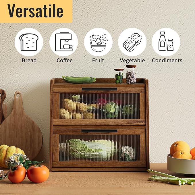 Bread Box for Kitchen Counter,Wooden Double Layer Countertop Bread Storage | Bread Holder Container Bin with Window for homemade bread; Acacia Wood Construction with Metal Handles