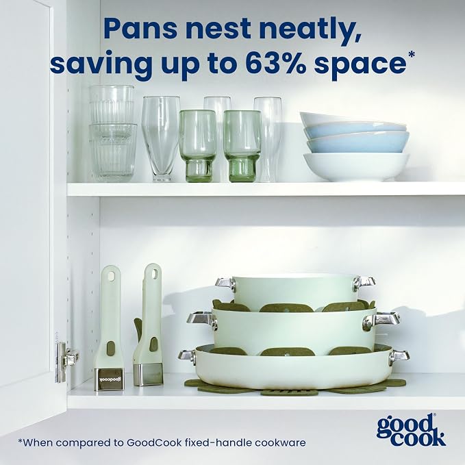 GoodCook Ceramic Cookware Set 5-Piece with Removable Handle, Induction Compatible, Nonstick and Oven Safe with 8-Inch Frypan, Sage Green