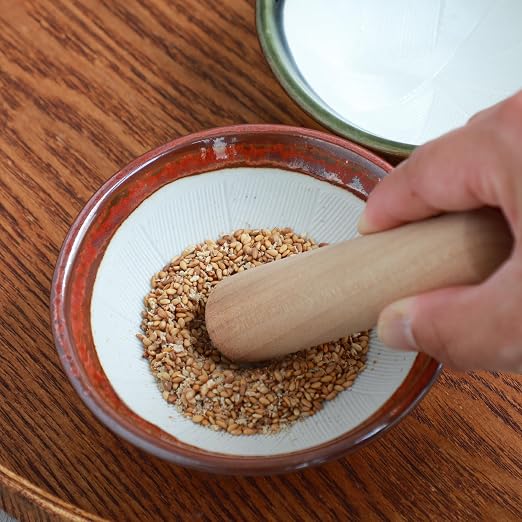 Asayu Japan Ceramic Mortar Bowl 4.29in (109mm) with Wooden Pestle, Made in Japan Dishwasher and Microwave Safe Ripple Ridge Suribachi and Surigoki Set - Olive Green Mortar and Pestle Set