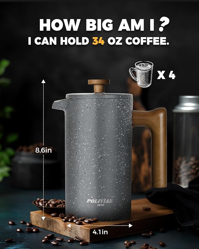 POLIVIAR French Press Coffee Maker, 34 Ounce Coffee Press with Real Wood Handle, Double Wall Insulation & Dual-Filter Screen, Food Grade Stainless Steel for Good Coffee and Tea (Lava) | Real Wood Handle Coffee Press, Double Wall Insulation, Dual-Filter...