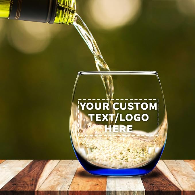 Custom Mikonos Stemless Wine Glasses 11.5 oz. Set of 10/50/100, Personalized Bulk Pack - Restaurant Glassware, Perfect for Red Wine, White Wine, Cocktails - Blue