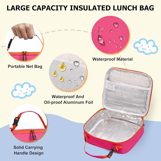 Bento Lunch Box for Kids with Thermo, Leakproof Bento Box with 8oz Insulated Food Jar, Insulated Bottle, Lunch Bag, BPA Free Dishwasher Safe 4 Compartment Container for School Girls Boys (Pink)