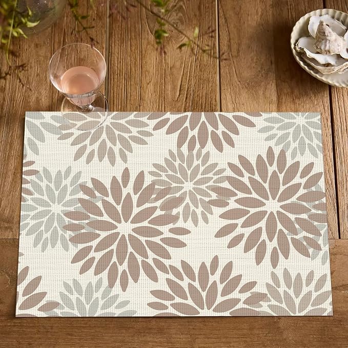 Artoid Mode Floral Vinyl Placemats Set of 4, 12x18 Inch Washable Non-Slip Plastic Vinyl Place Mats for Party Kitchen Dining Decor, Brown