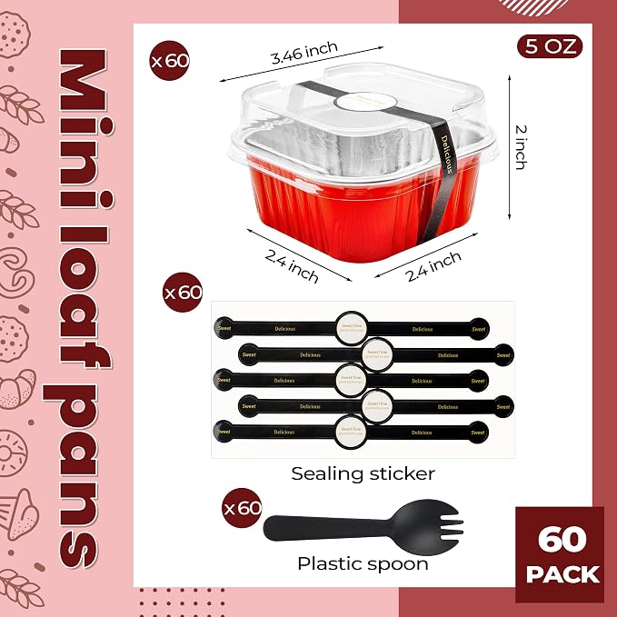 Mini Cake Pans with Lids, 60 Pack Red 5oz for Family Parties | Use for mousse layers, cheesecake squares, blondies and candies; organized pieces help speed up service lines.