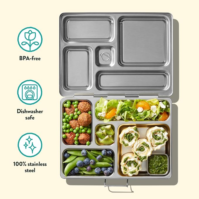PlanetBox Rover Stainless Steel Bento Box Style Lunch Box Kit for Kids with 5 Compartments – Space Animals Edition includes Insulated Lunch Bag, Leakproof Food Containers and Matching Magnets
