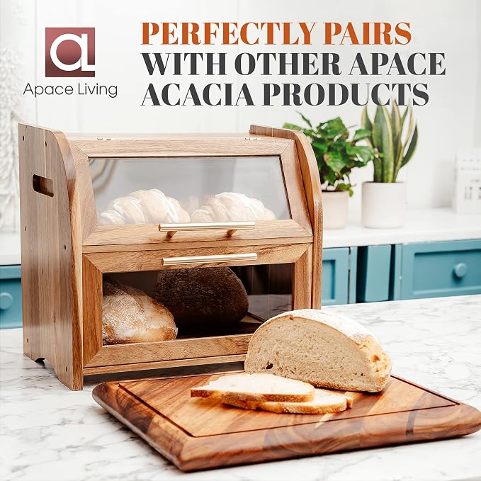 Arise Acacia Wooden Bread Box for Kitchen Countertop, Extra Large 2-Shelf | Bread Storage Container with Clear Windows & Air Vents, Bread Bin & Keeper, Keeps Bagels, Rolls & Buns Fresh, Self Assembly