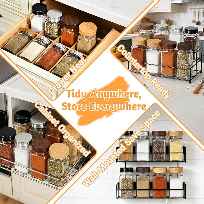 24 Pack Glass Spice Jars with Labels, 4oz Spice Containers with Black Lids | Includes 249 Labels, Metal Funnel, Extra Shaker Lids & Stirring Stick for Kitchen Seasoning Organization