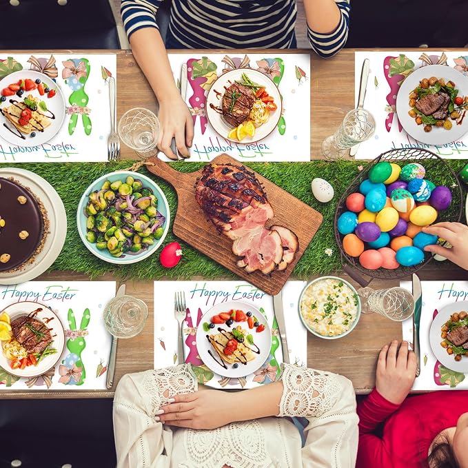 50 Pack Rabbits Colorful Eggs Happy Easter Placemat | s, Easter Theme Table Mats 16x11 inch Bunny Disposable Placement Mats for Seasonal Holiday Kitchen Dining Table Decoration