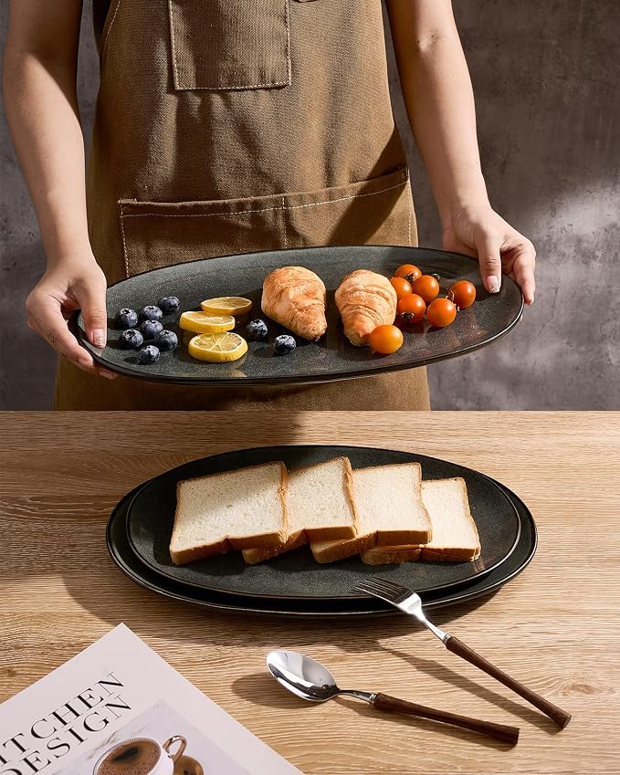 famiware Serving Platters Set of 3 Sizes - Oval, Deep Forest | 15.59"/14.3"/12.9" Fine Stoneware Serving Trays for Party, Entertaining for Food, Turkey, Cheese, Microwave Dishwasher Safe