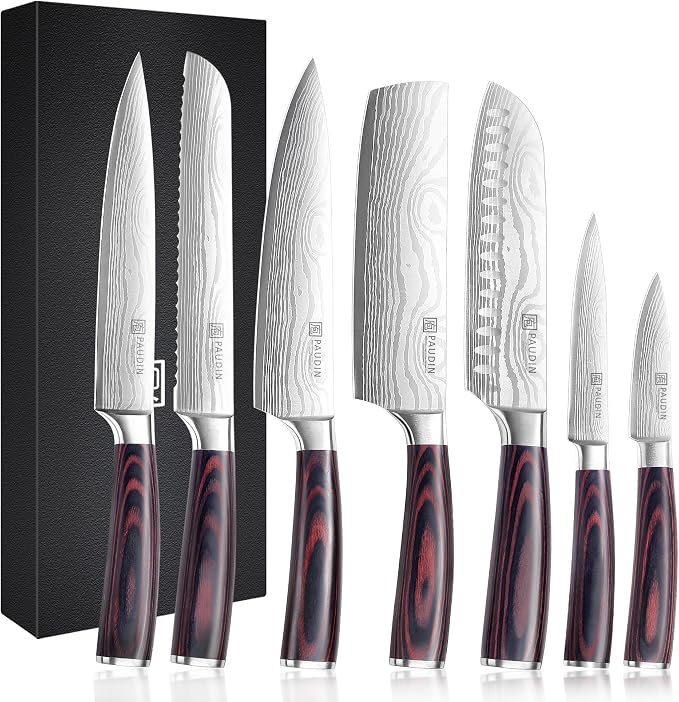 PAUDIN Chef Knife Set, 7 Pieces Kitchen Knife Set, Ultra Sharp Knife Set | High Carbon Stainless Steel, Professional Knives Set for Kitchen with Pakkawood Handle