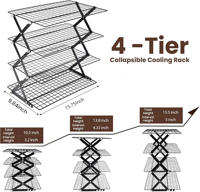 2/3/4-Tier Collapsible Cooling Rack for Baking,Folding Cooling Grid,Adjustable Stackable Roasting Cooking Drying Wire Cooling Rack for Cookies Baking
